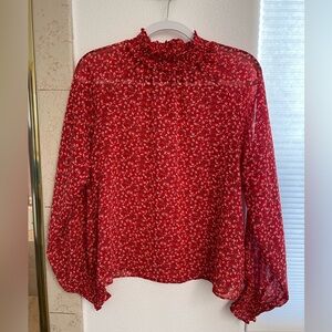 GAP Sheet Red Floral Blouse with Ruffled Neckline
